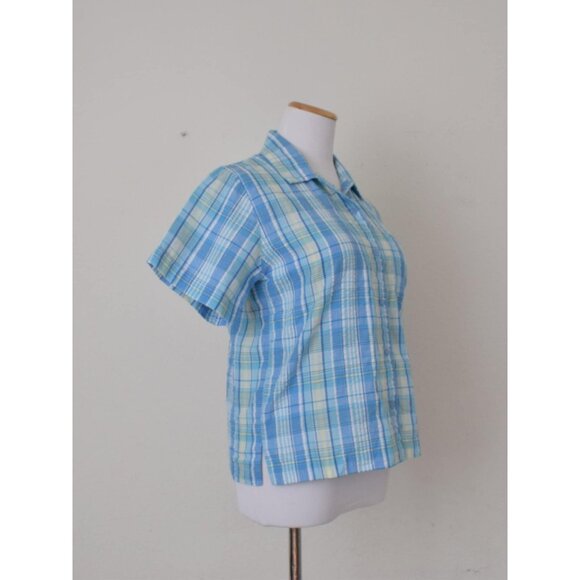 Vintage 90s White and Blue Cotton/Poly Plaid‎ Button Down Blouse - Picture 4 of 10
